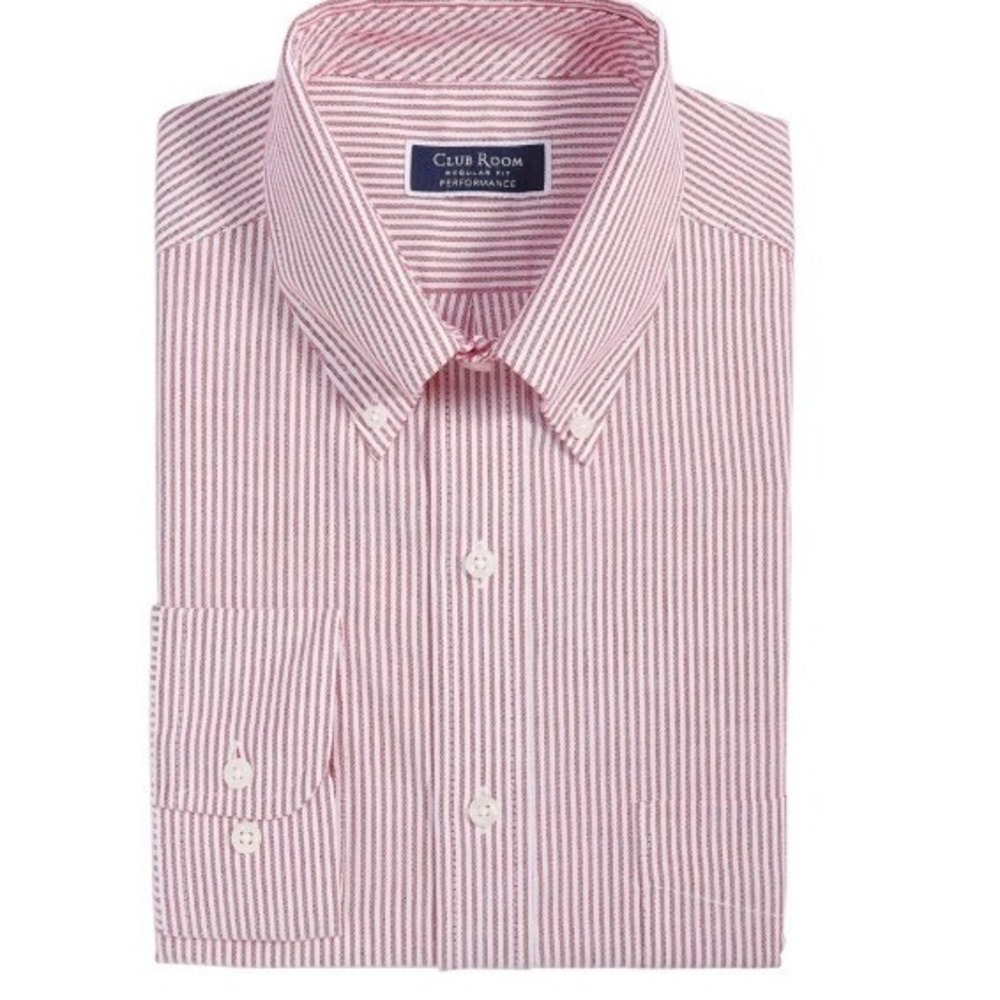 NWOT Club Room Button Down Shirt Mens 16.5 Red White Cotton Striped Regular Fit